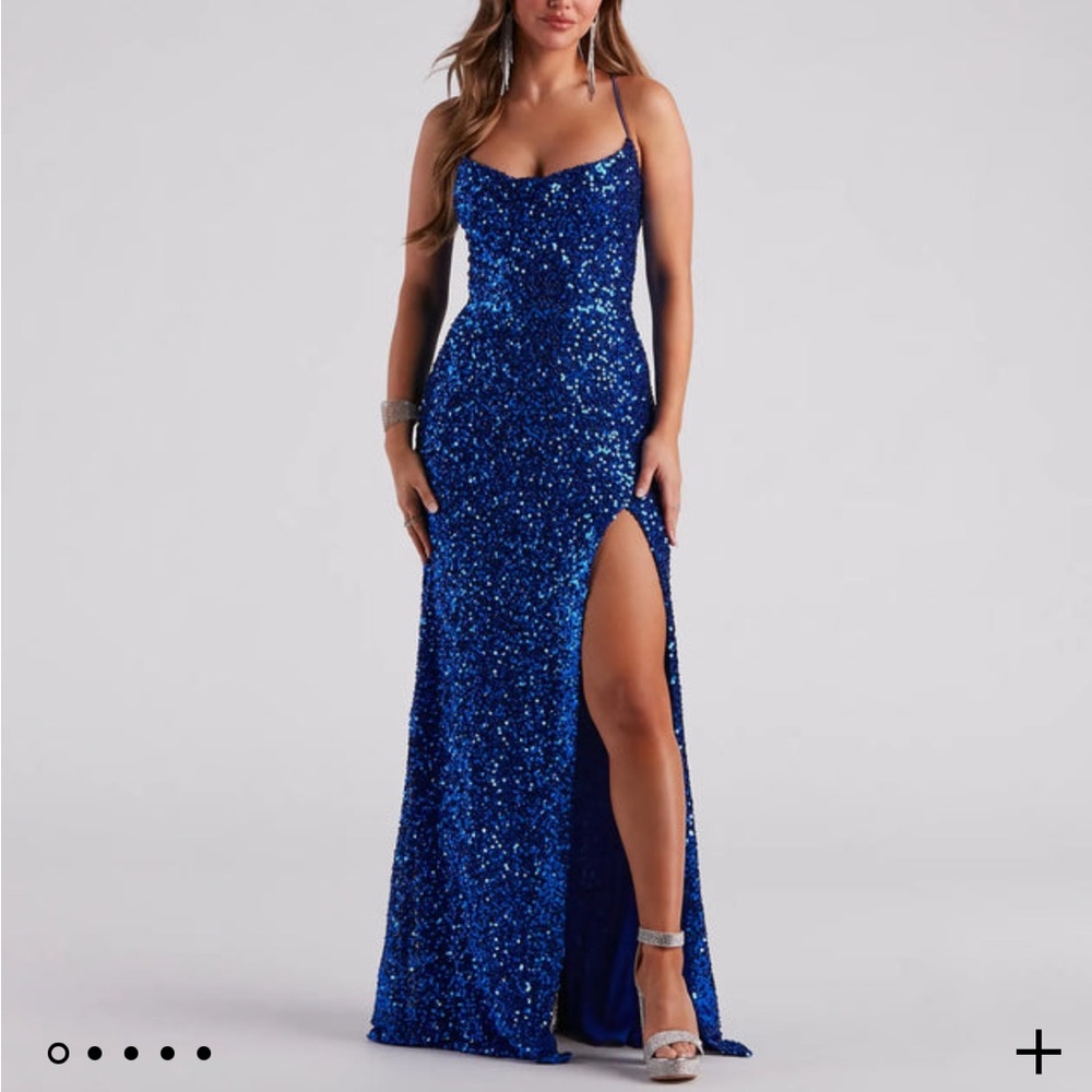 Blue sequin cowl neck gown
